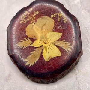 Vintage Painted Floral Lacquer Wood Brooch Pin